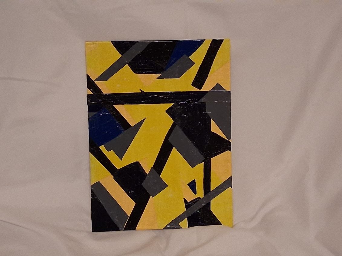 Yellow, black, and white geometric abstract artwork